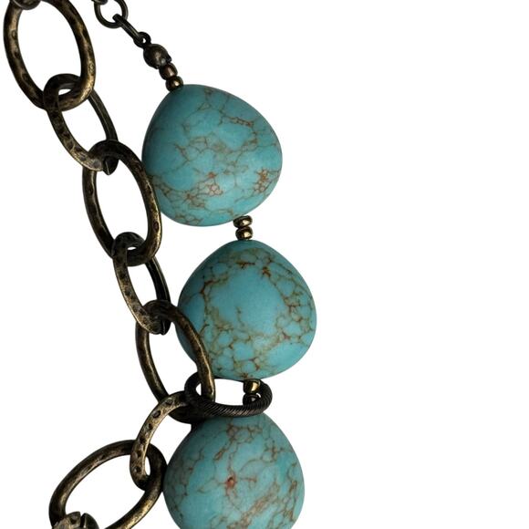 Turquoise Beaded Statement Necklace Antique Brass Chain Women's Adjustable Boho - Picture 4 of 11